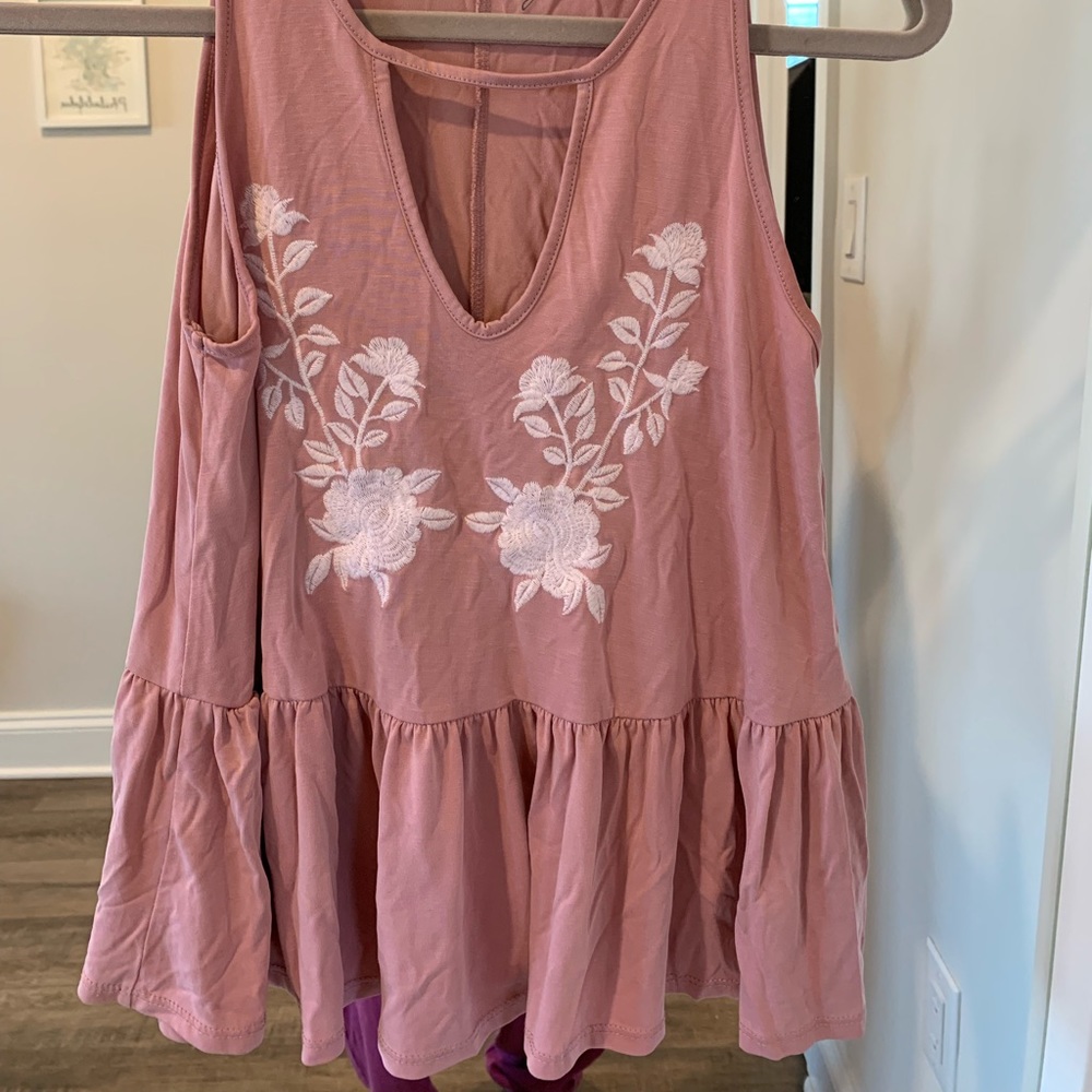 Alya Pink Floral Embroidered Flowy Top, Size Small
